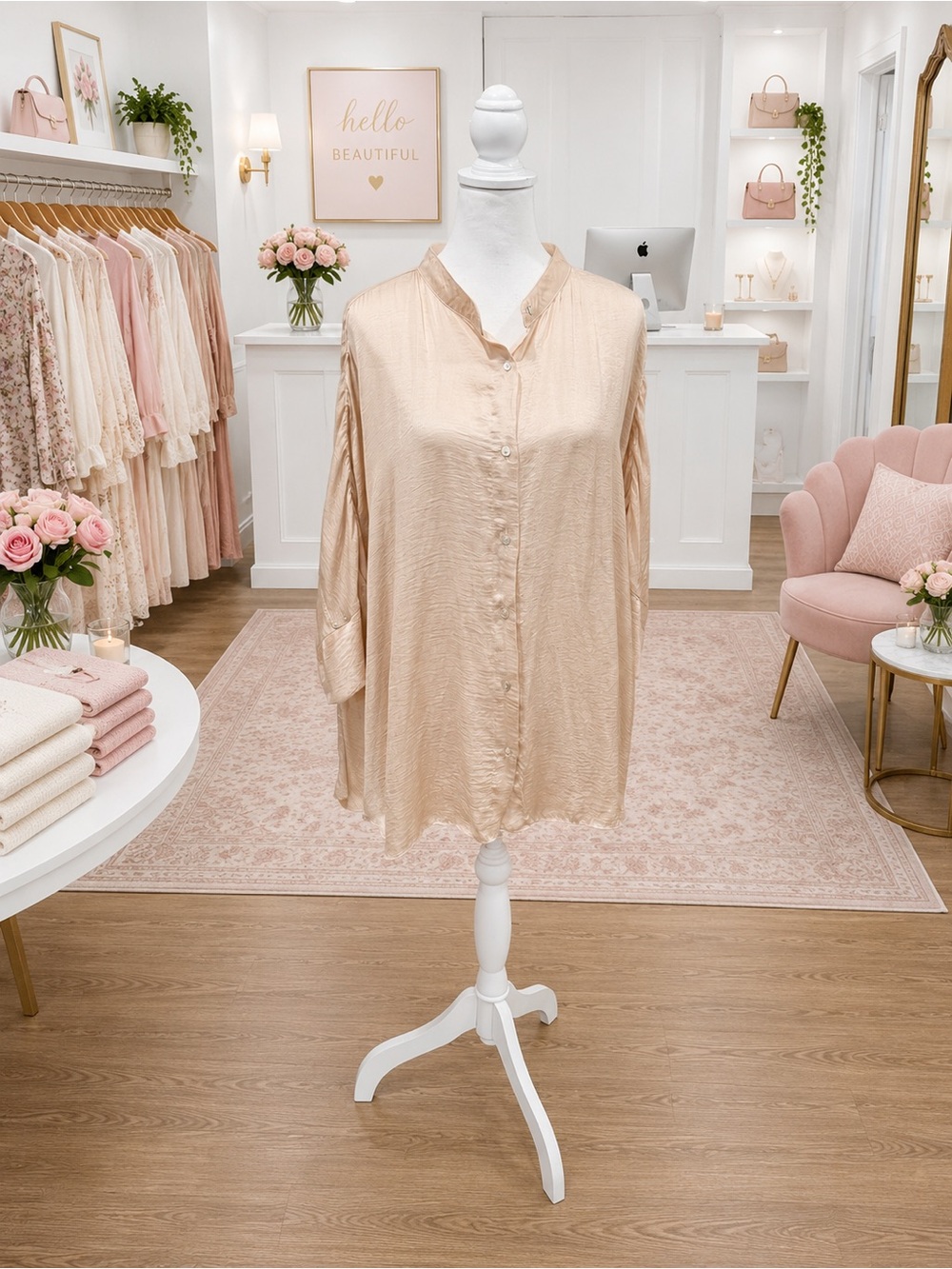 Gigio Taupe Oversized Button-Down Tunic Top – Size Large